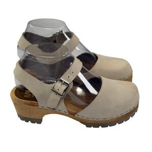 MIA Abba Swedish Clog Women 36/6 Beige Leather Wooden Sole Slingback Boho Sandal